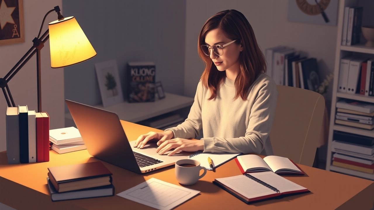 A woman in her 30s working on a laptop in a cozy home office.