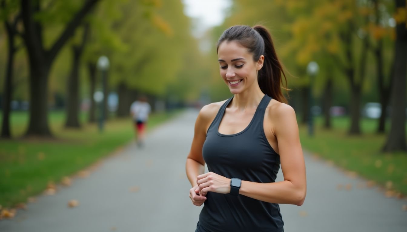 A woman in her thirties is jogging in a park.