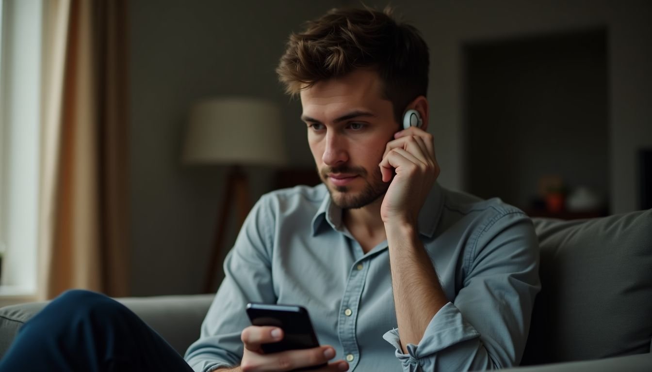 A man in his thirties adjusts the volume on his wireless earbuds.