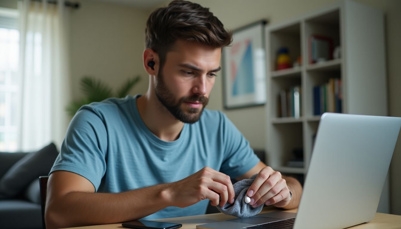 A person cleaning earbuds and adjusting audio settings at home.