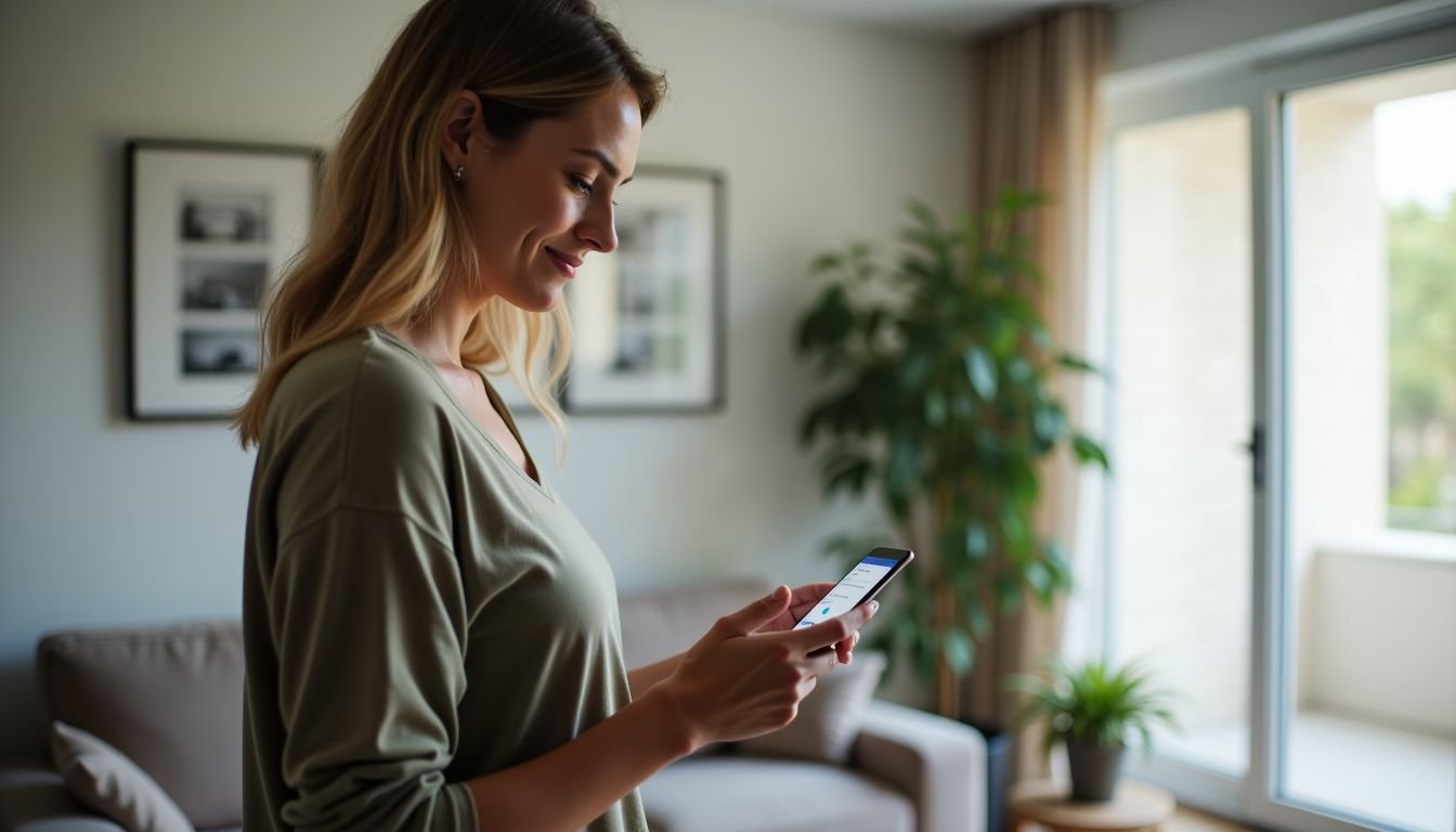 A woman in her 30s uses her smartphone to control home security.