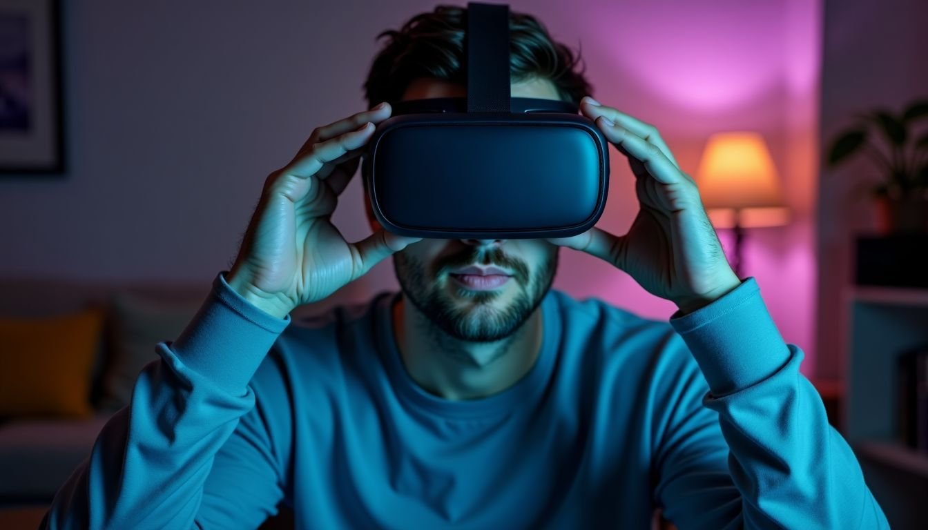 A man in his 30s adjusts VR headset while side-loading gaming apps.