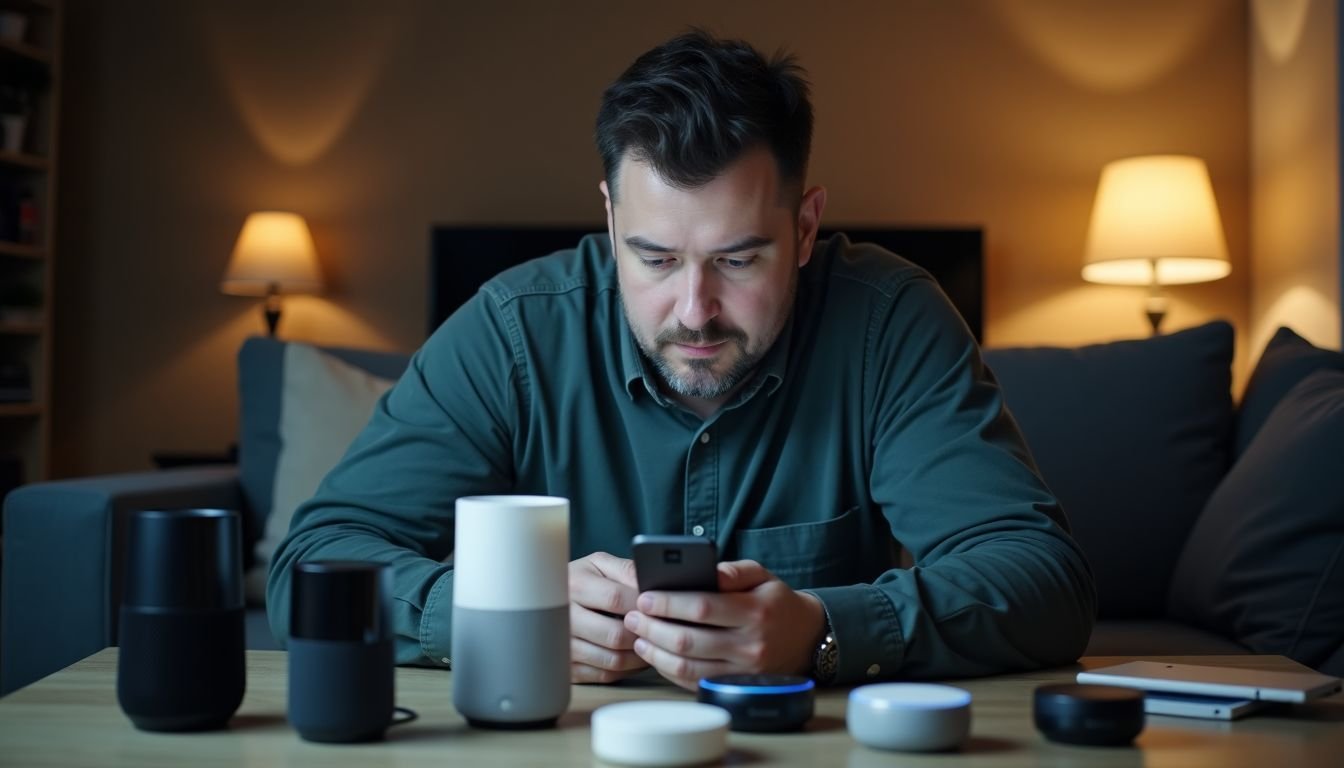 A man working on smart home automation in a cozy living room.