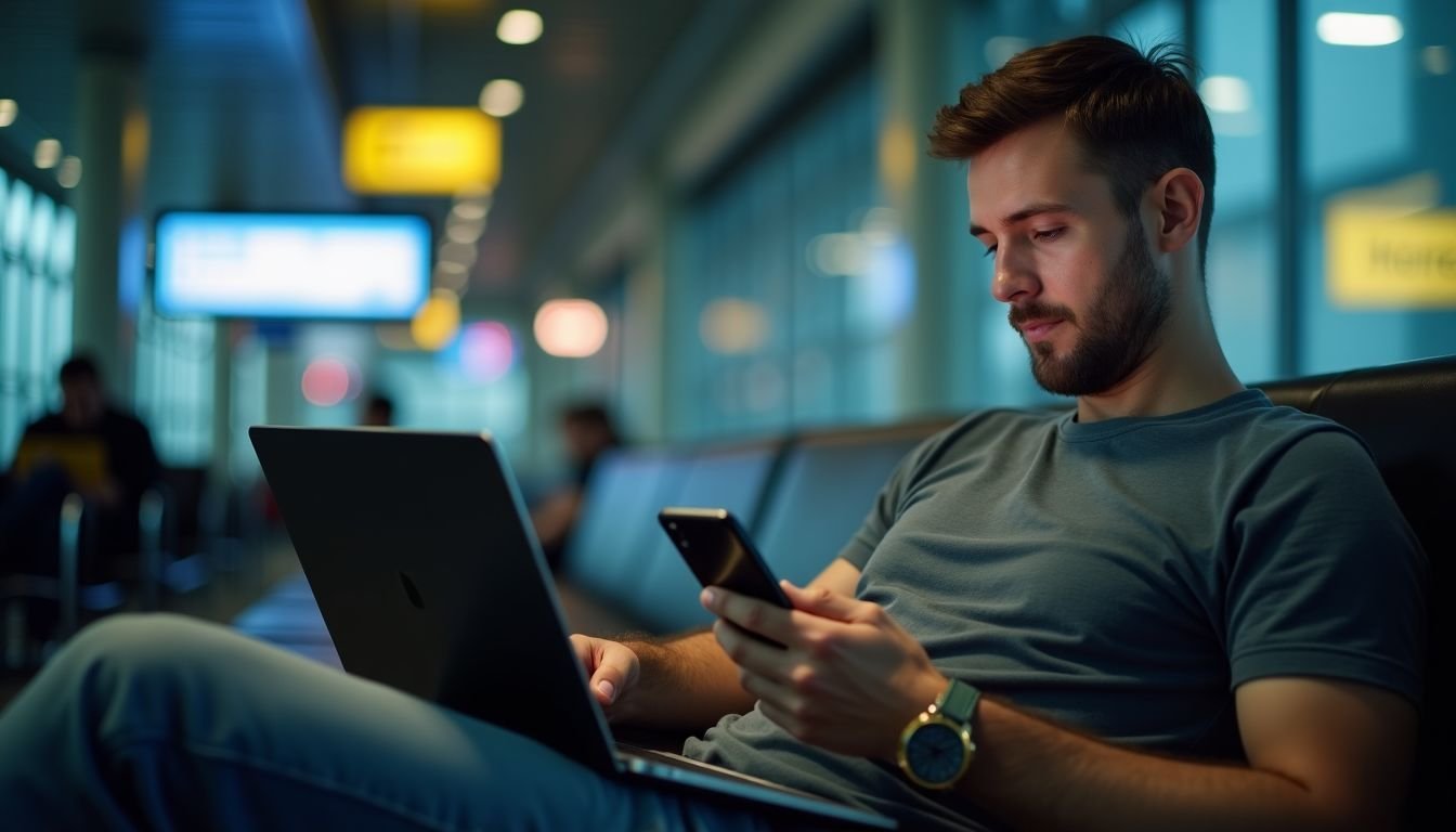 A man is charging his devices in an airport departure lounge.