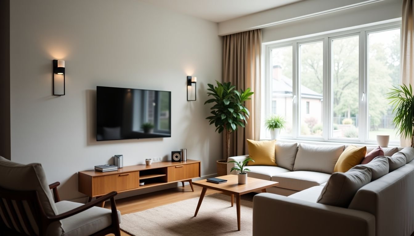 A modern living room filled with smart home devices.