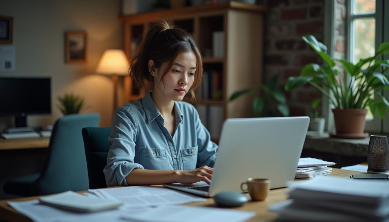 A woman focused on backing up files at cluttered desk.