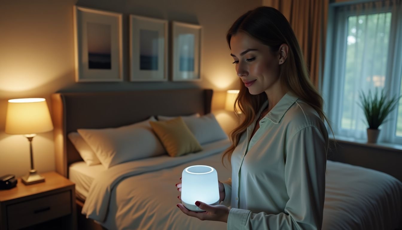 A woman adjusting white noise machine and smart lighting in bedroom.