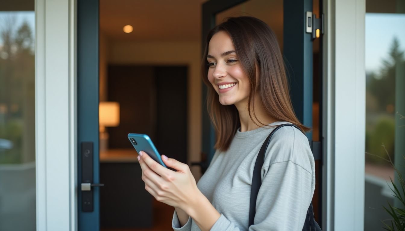 A woman using a smartphone to unlock a digital front door.