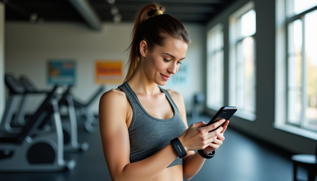 A woman in workout clothes syncing her fitness tracker at the gym.