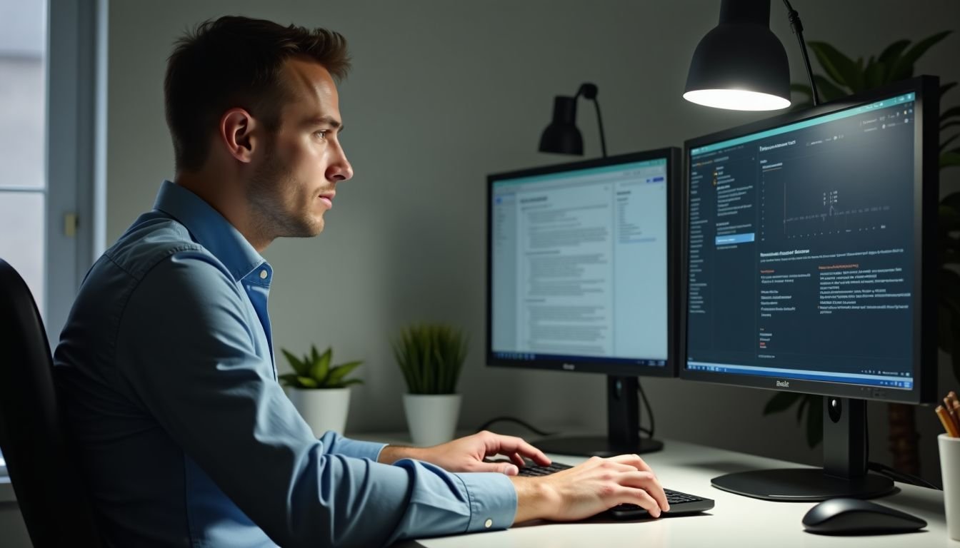 A man in his 30s sits at a tidy desk with a dual monitor setup, focused on his work.