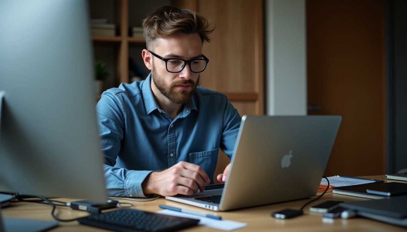 A man connecting an external SSD to his laptop at a messy desk.