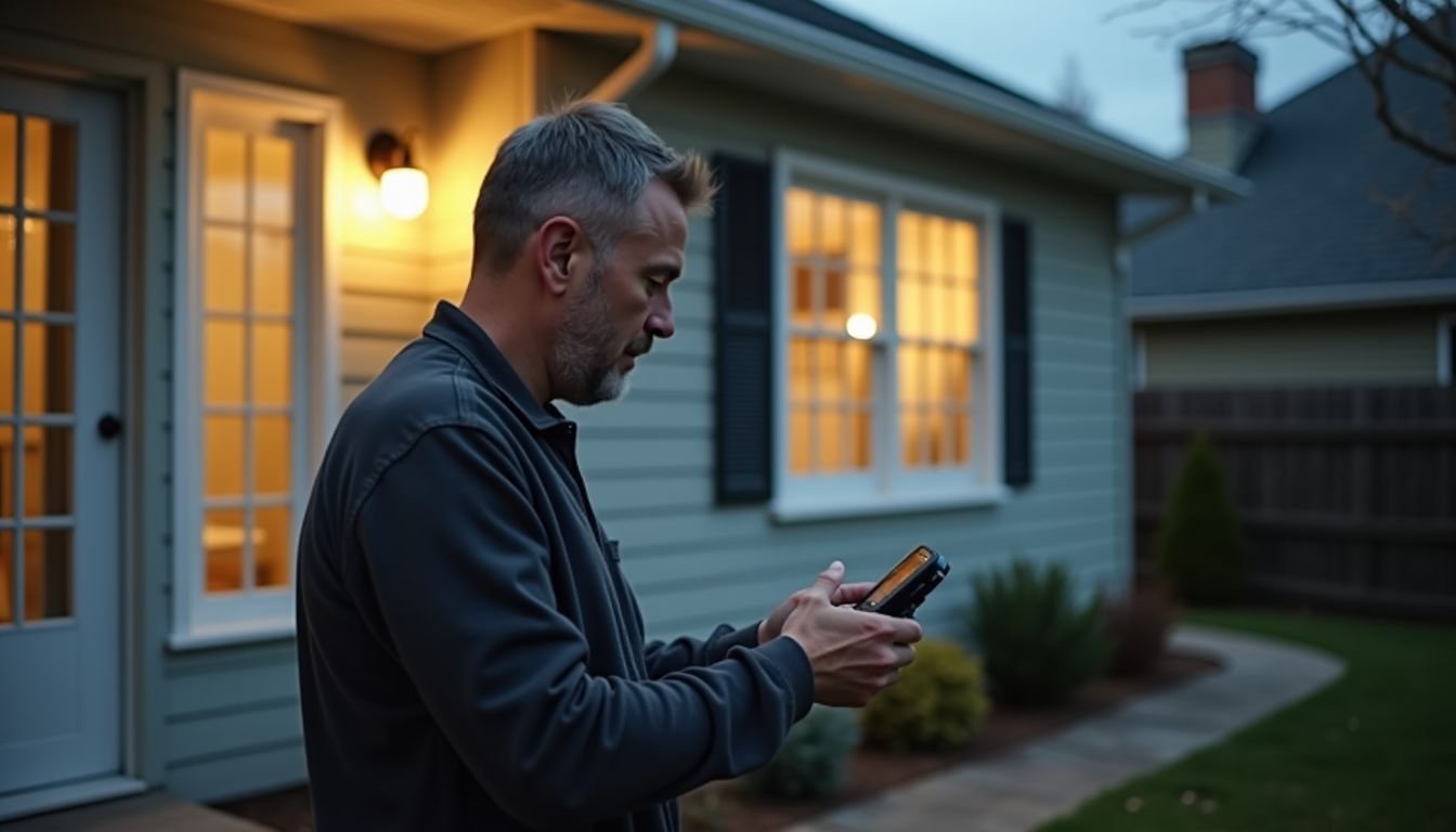 A man setting up a security camera at his front door.