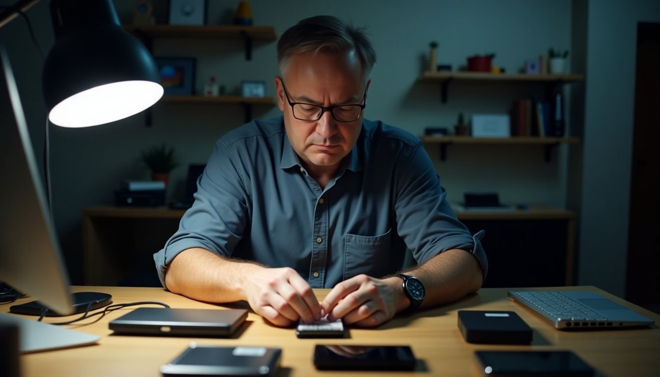 A man tidies up his cluttered home office with storage devices.