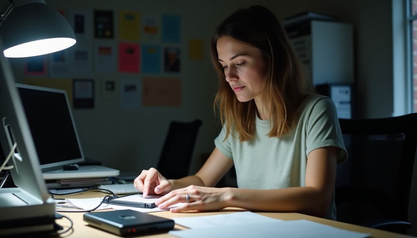 A woman organizes files at her cluttered desk in a dim room.