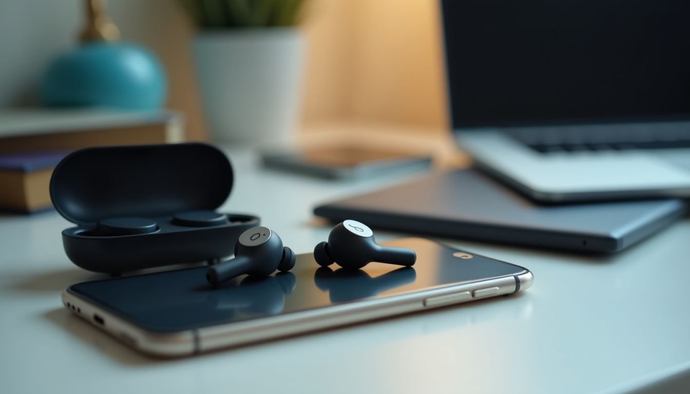 A pair of wireless earbuds and a smartphone on a cluttered desk.