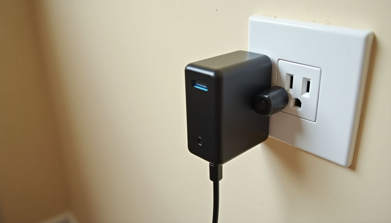 Close-up of black power bank plugged into white wall outlet.