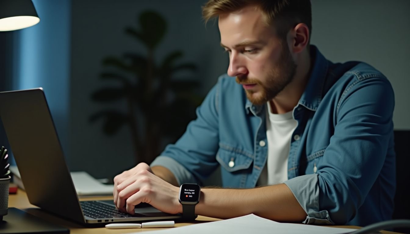 A man in his 30s is plugging a Fitbit into a laptop.