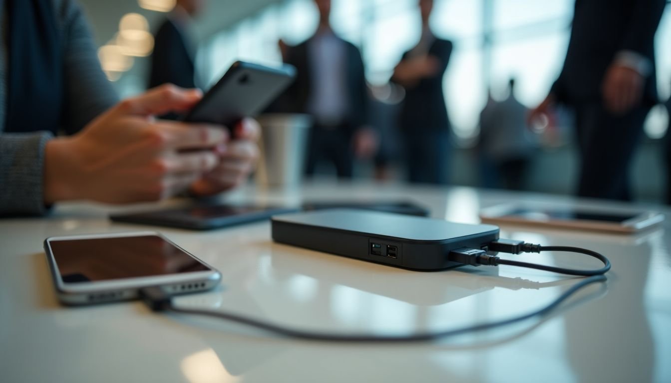 A power bank charges multiple devices in a busy airport lounge.