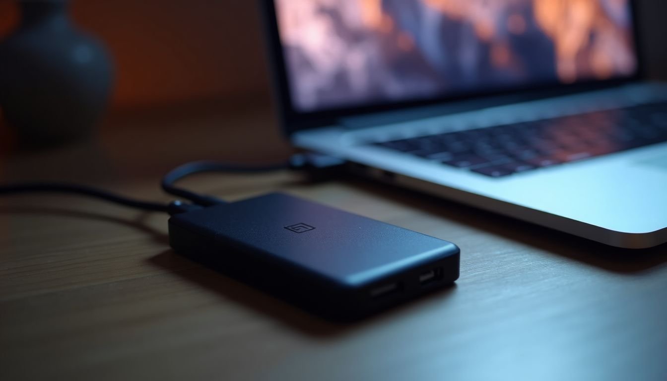 A modern laptop connected to an external SSD via USB 3.0.