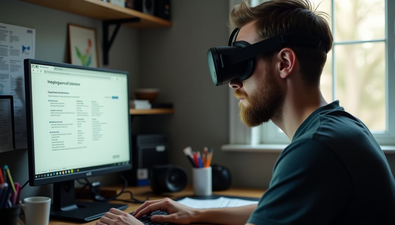 A man in his 30s adjusting VR app permissions at his cluttered desk.