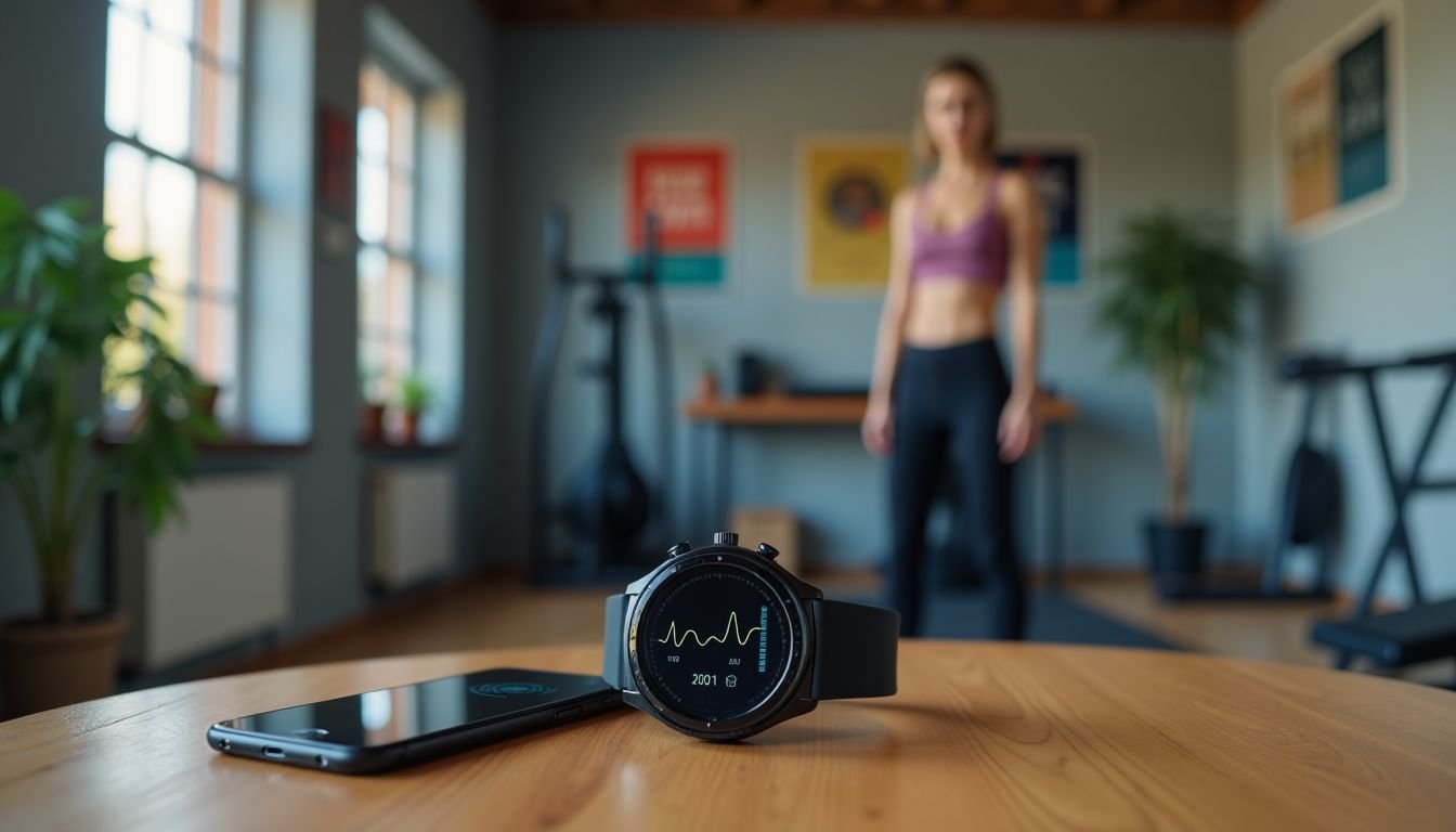 A heart rate monitor watch and fitness tracker app in a home gym.