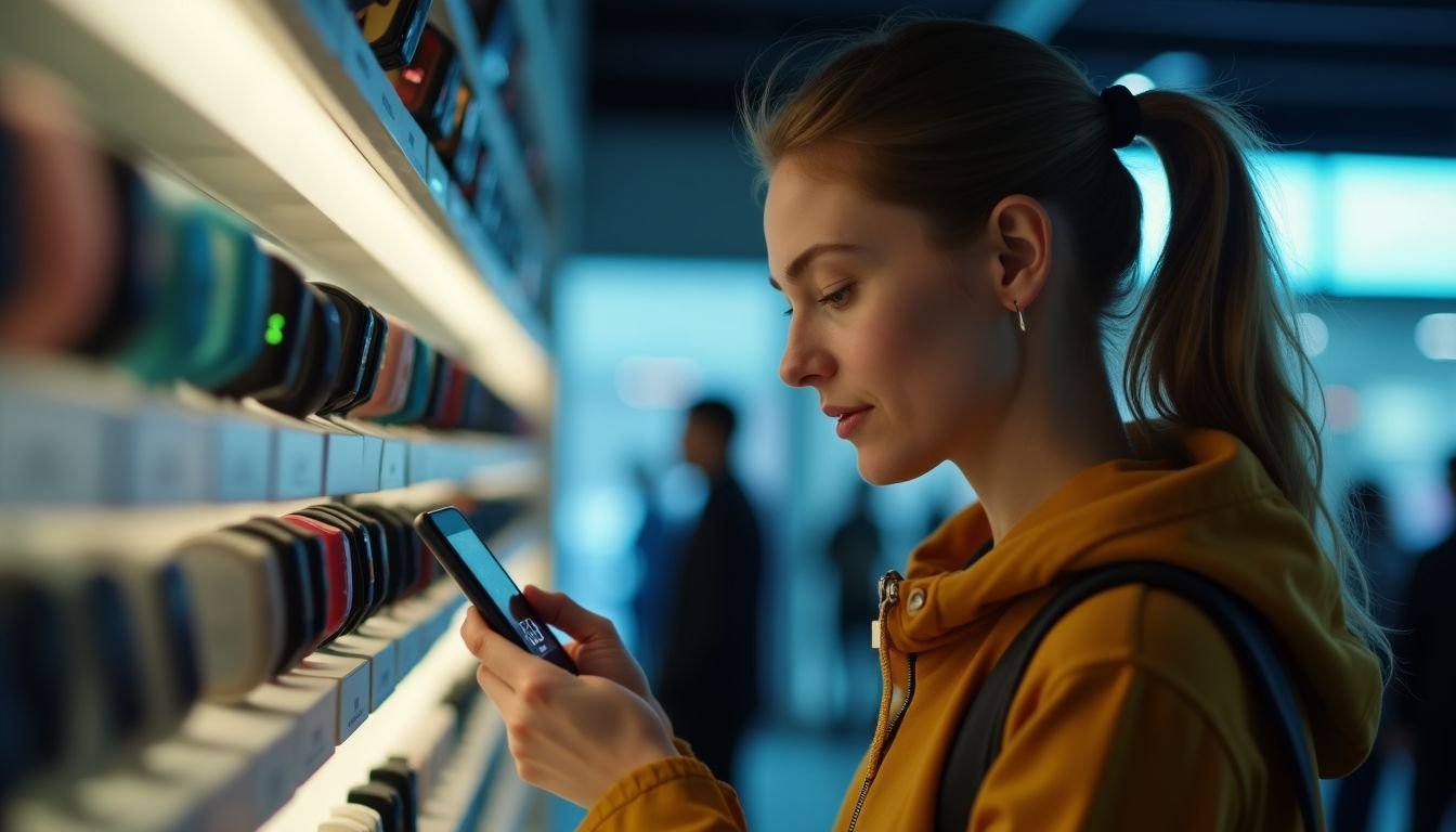 A woman in her 30s compares Fitbit models in an electronics store.