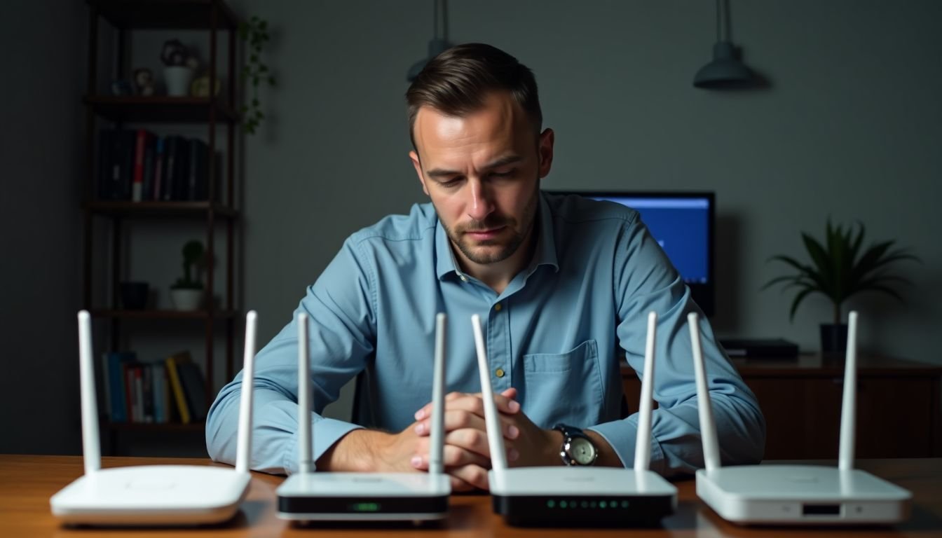 A man is examining dual-band Wi-Fi routers for smart home use.