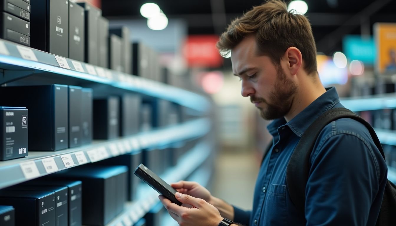 A man in a technology store compares external SSD options.