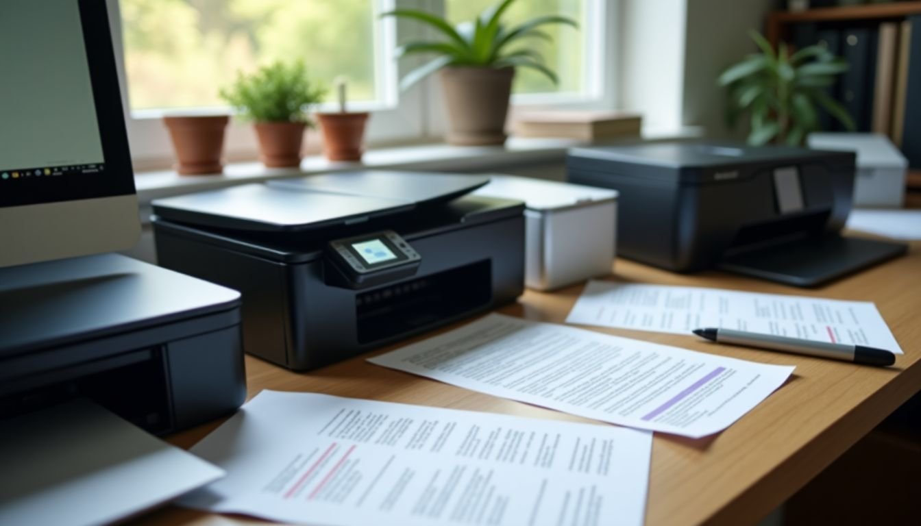 A cluttered home office desk with multiple printers and printed reviews.