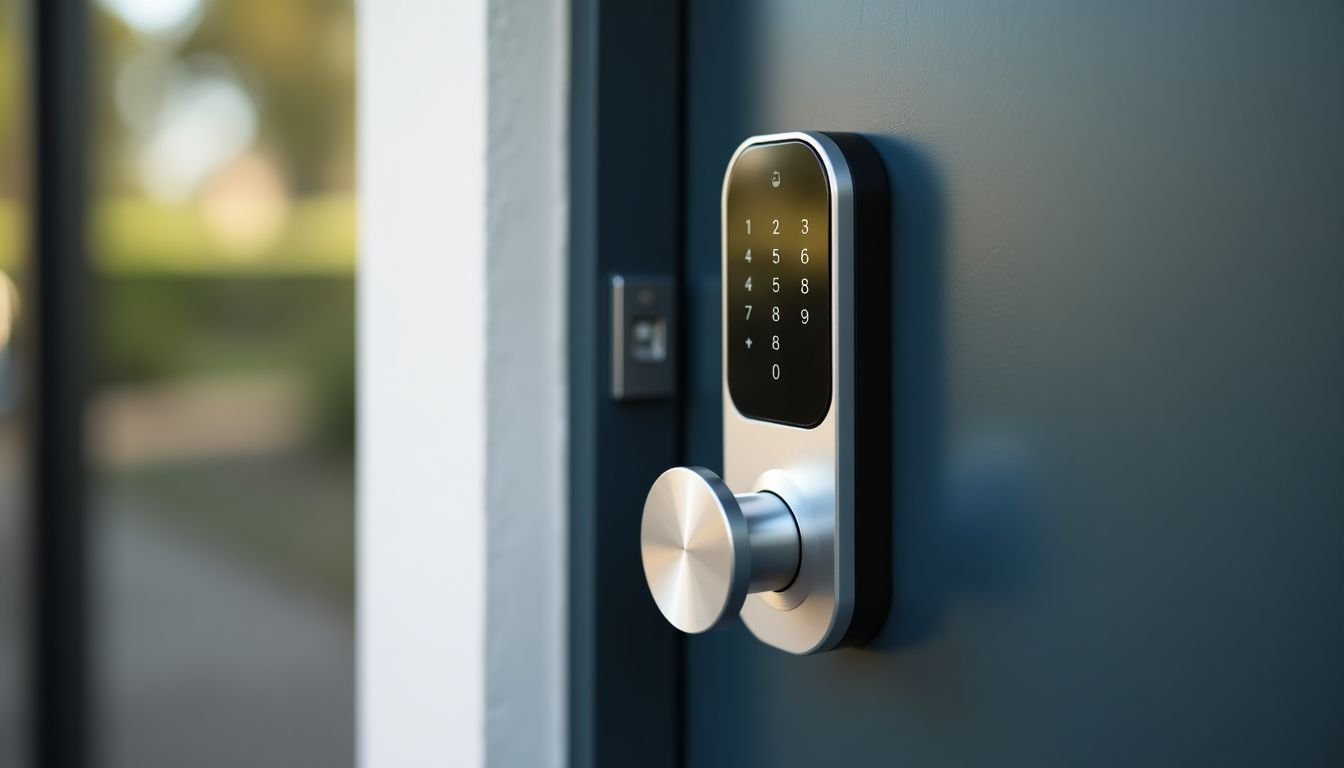 A modern smart home system with a sleek digital lock on a stylish front door.