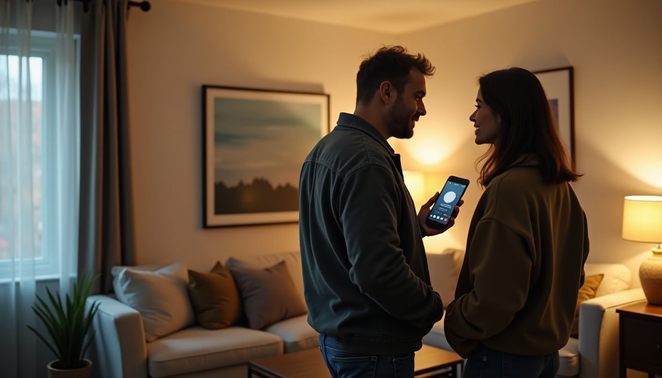 A couple discussing smart lighting options in a modern living room.