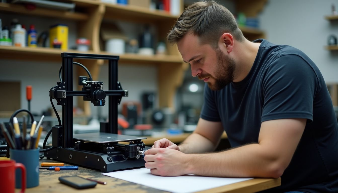 A person working on maintaining a 3D printer in a cluttered workshop.