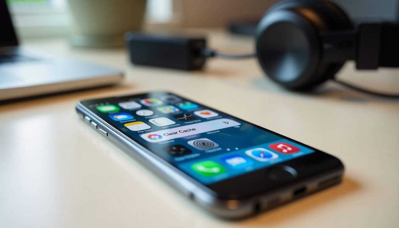 A cluttered smartphone screen with highlighted 'Clear Cache' button on desk.