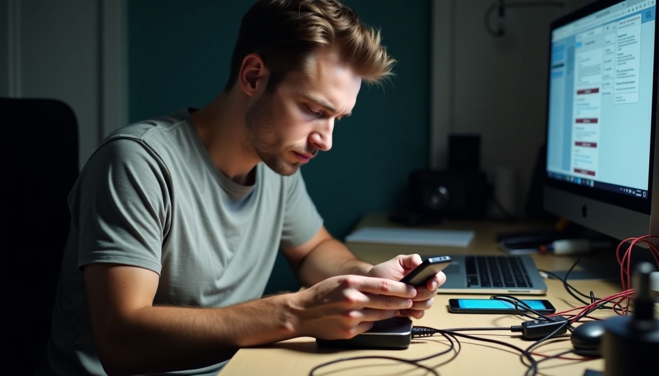 A man troubleshoots a power bank at cluttered desk.