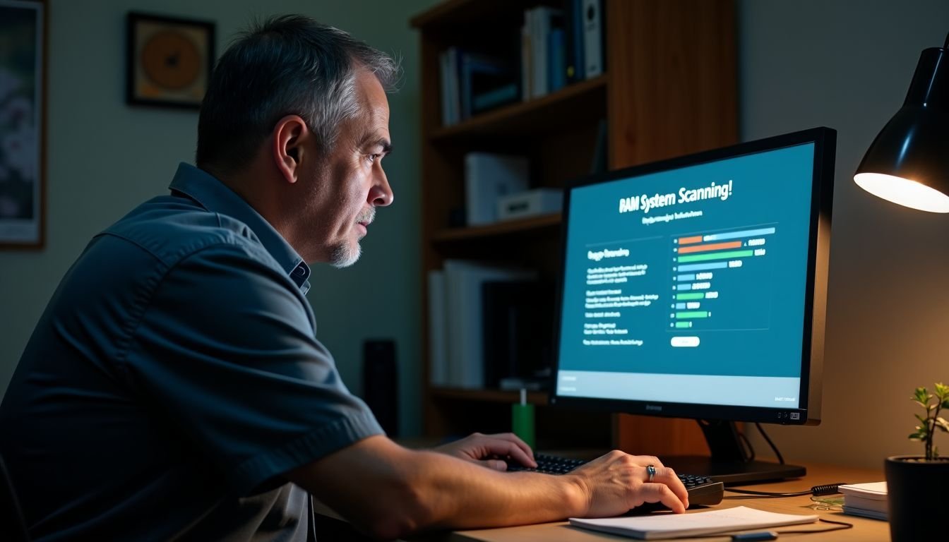 A man sits at a cluttered desk, frustrated with computer issues.