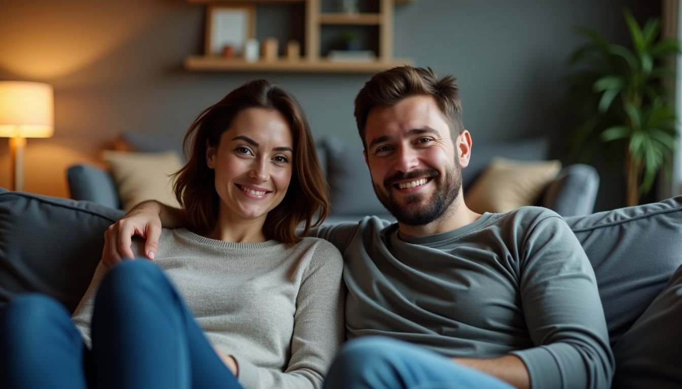 A couple in their mid-30s is relaxing on a modern sofa in a cozy living room.