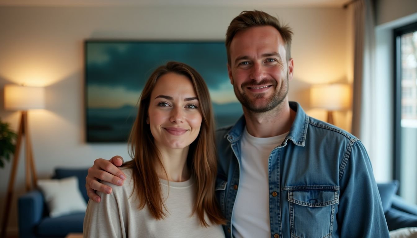 A couple in their 30s standing together in a modern living room.