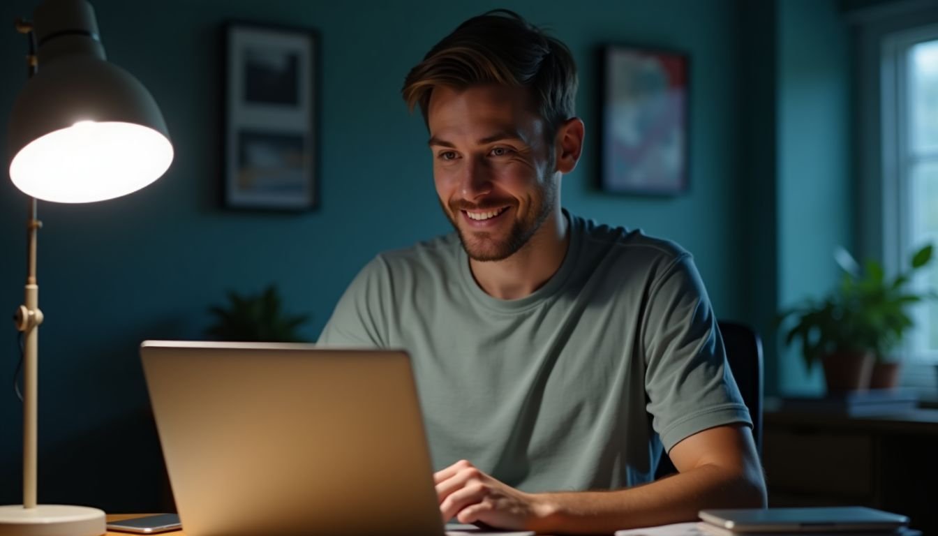 A man in casual attire connects wireless earbuds to his laptop.