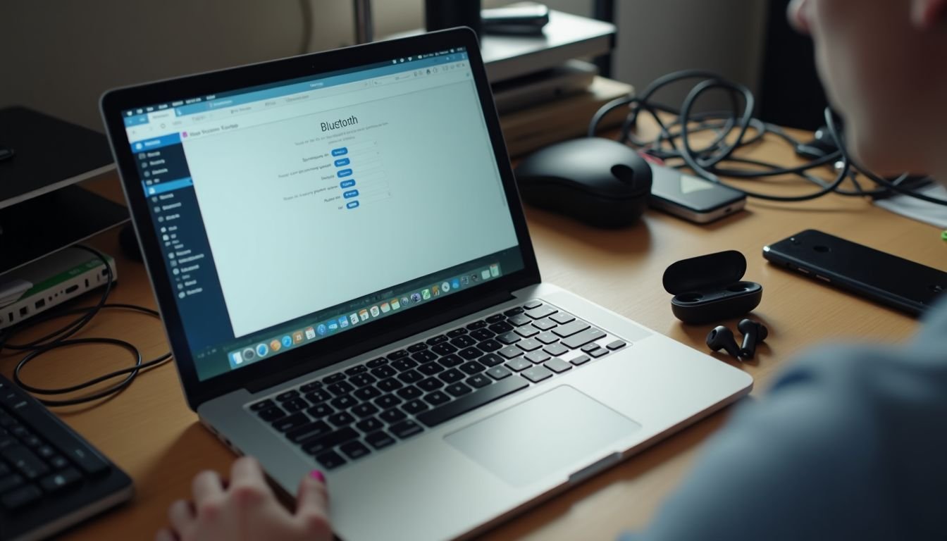 A cluttered desk with tech gadgets and open Bluetooth settings on laptop.