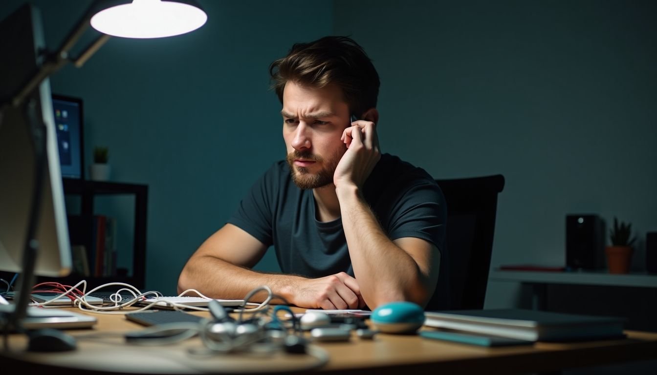 A man struggles to connect wireless earbuds at messy desk.