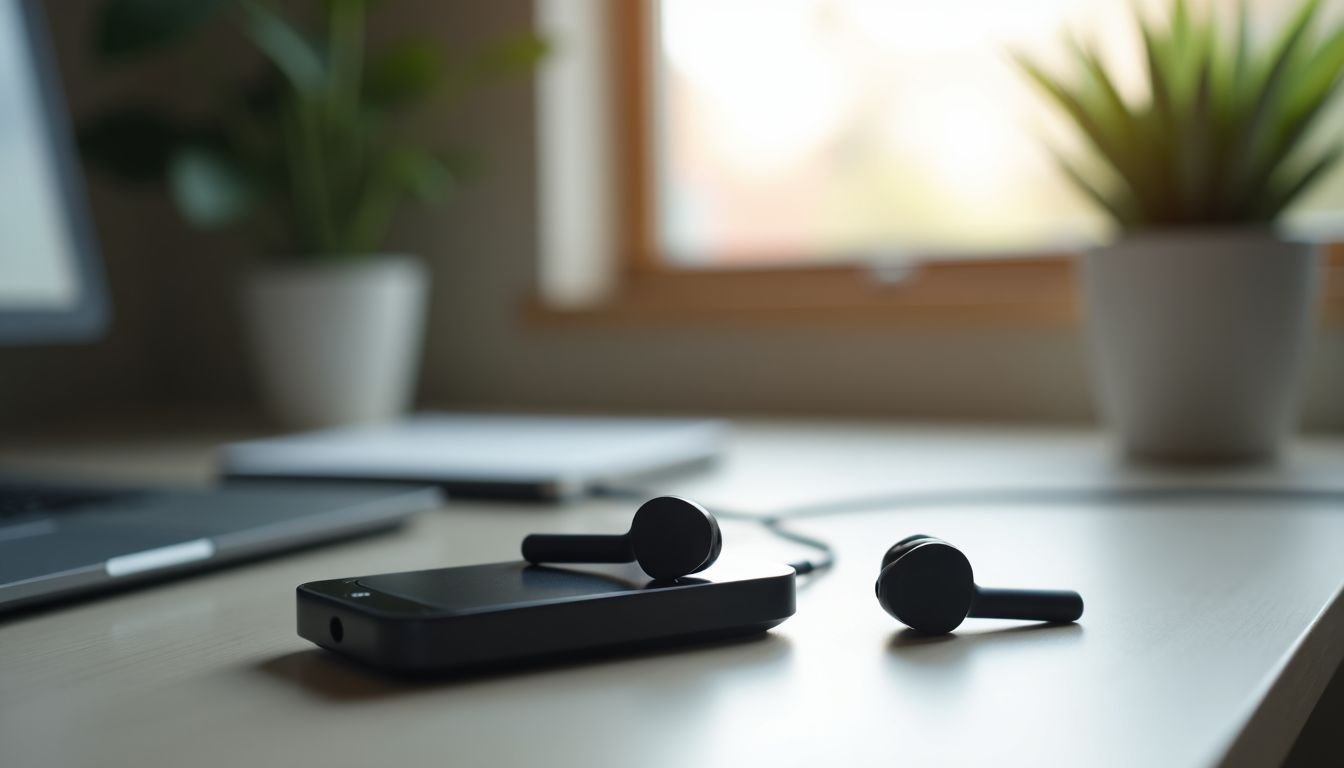 A pair of wireless earbuds placed next to a charging station.