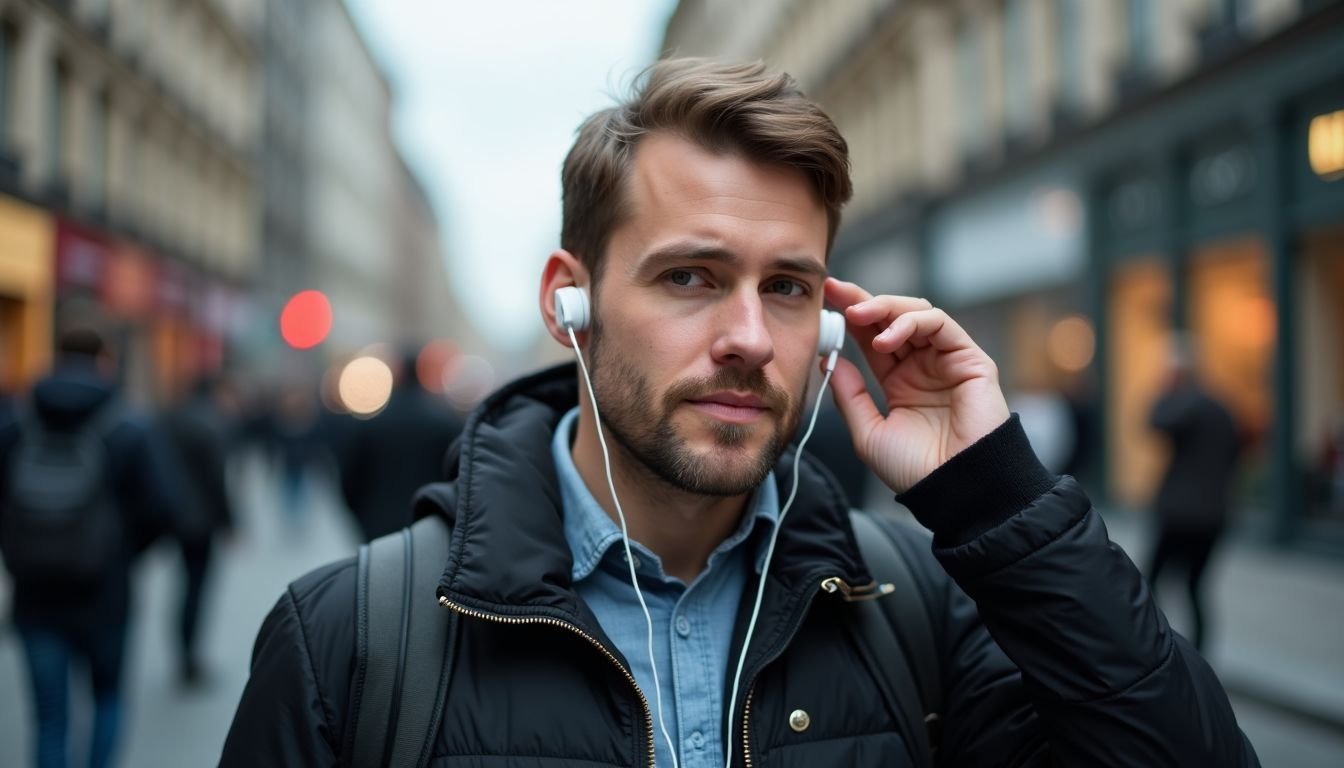 A man in his 30s adjusts his wireless earbuds in the city.