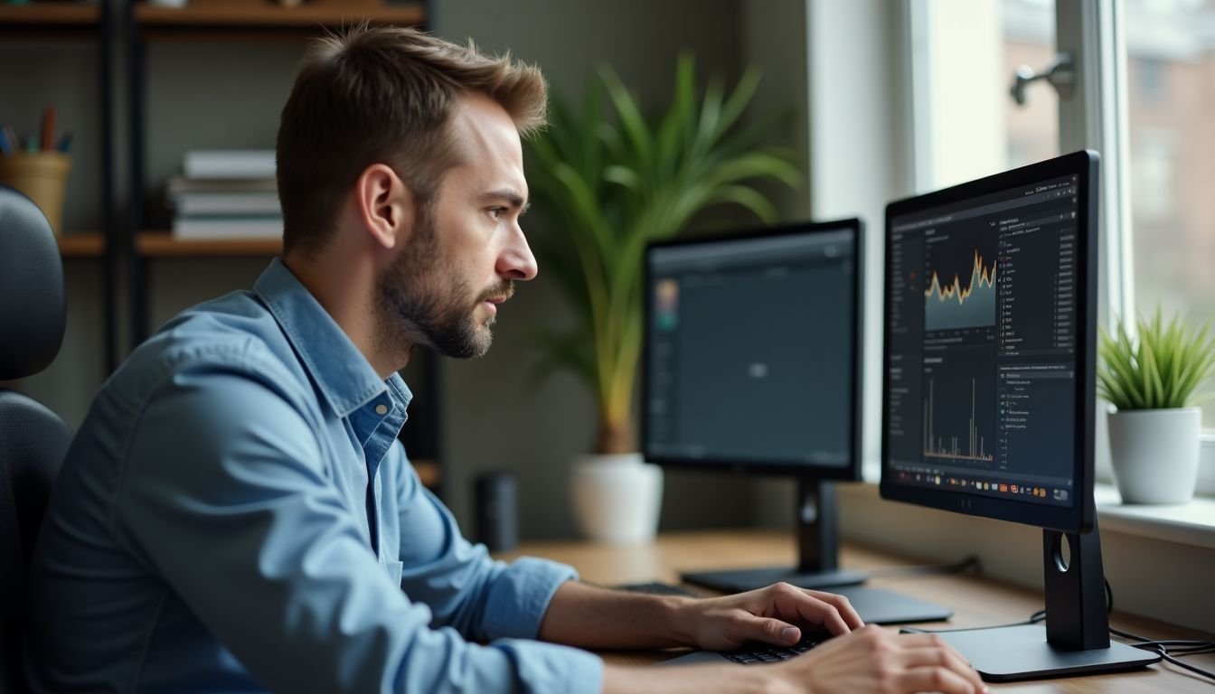 A man setting up dual monitors in his home office.