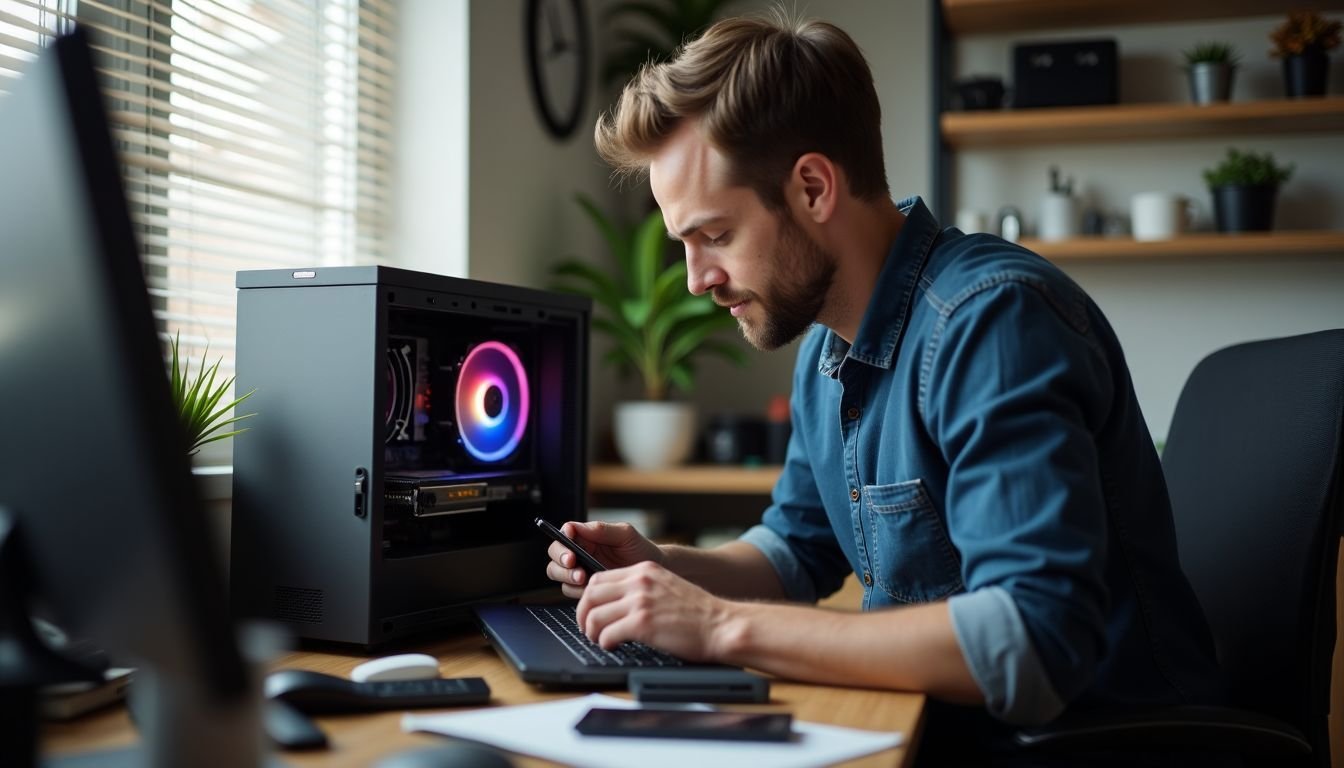 A man installs a budget-friendly NVMe drive in a cluttered home office.