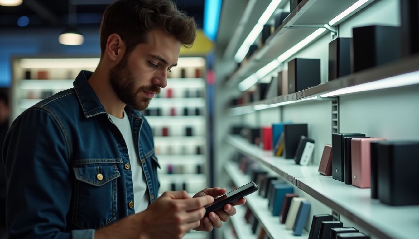 A man in a tech store comparing different power banks.