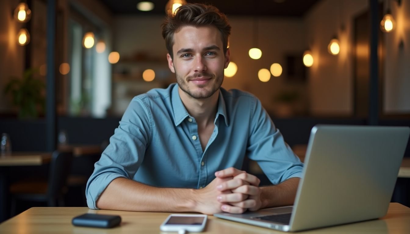 A young man sits at a cafe table with electronic devices.