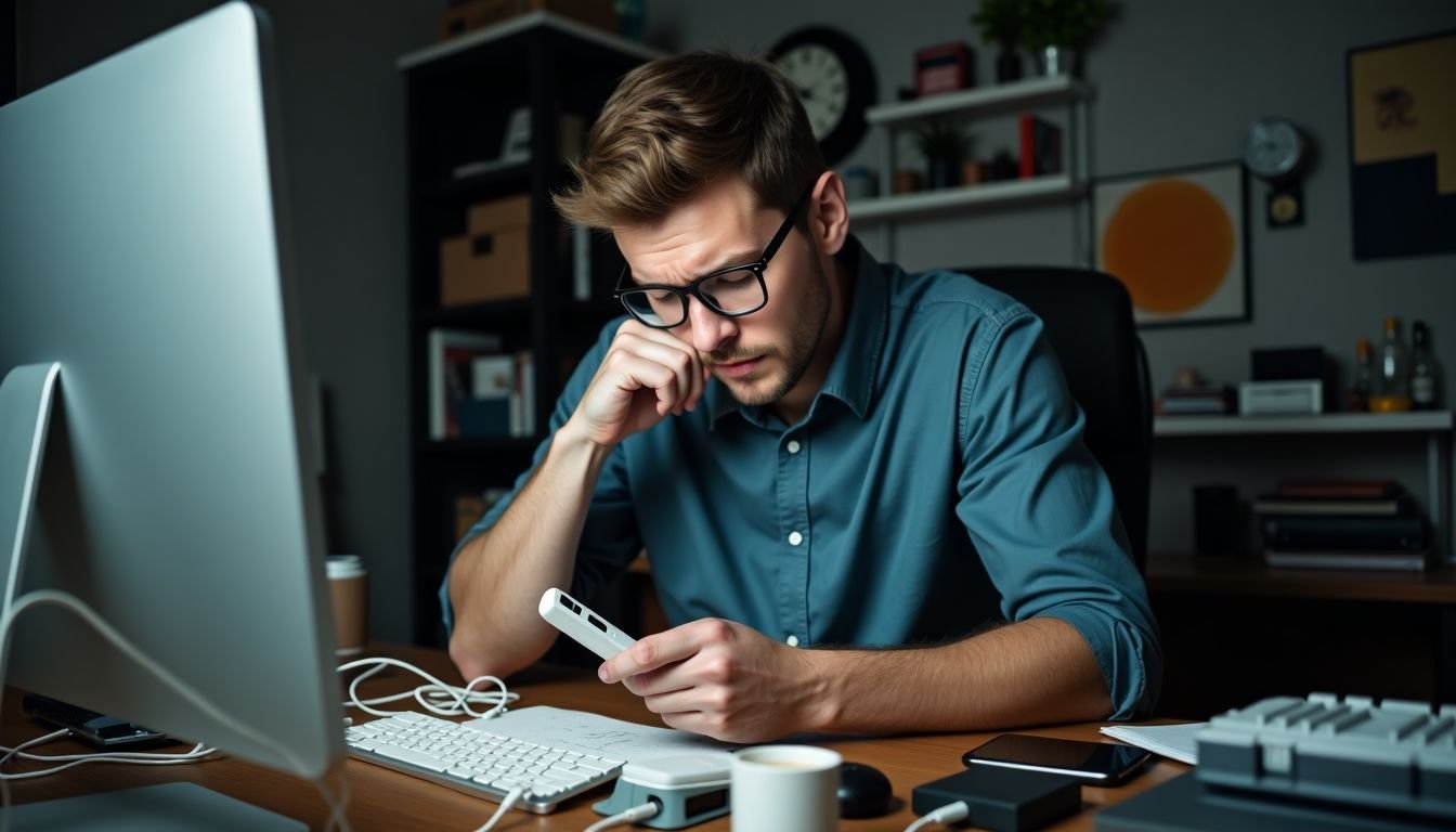 A man troubleshoots a power bank at a cluttered desk.