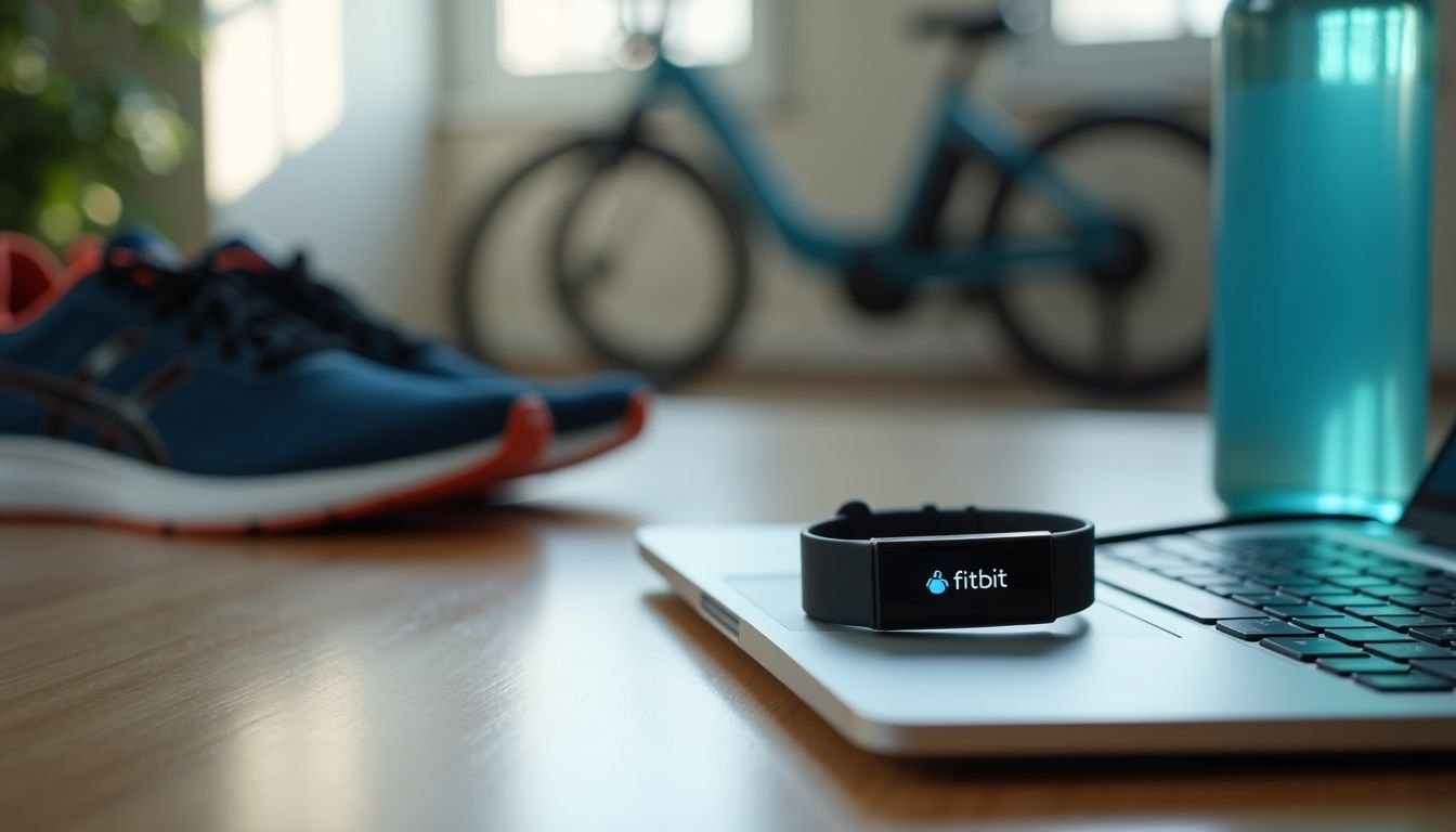 A modern desk setup with fitness gear and Fitbit charging.