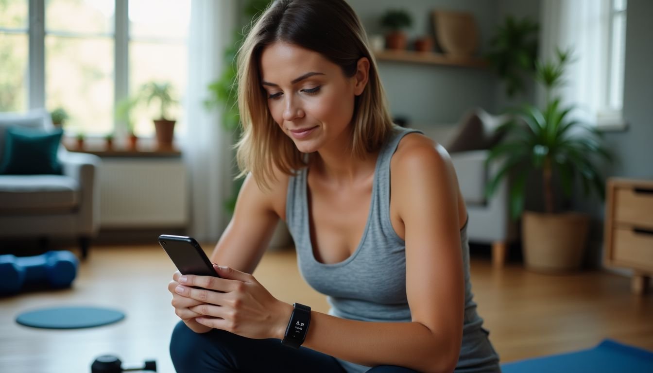 A woman in her 30s syncing her fitness tracker in a home workout space.