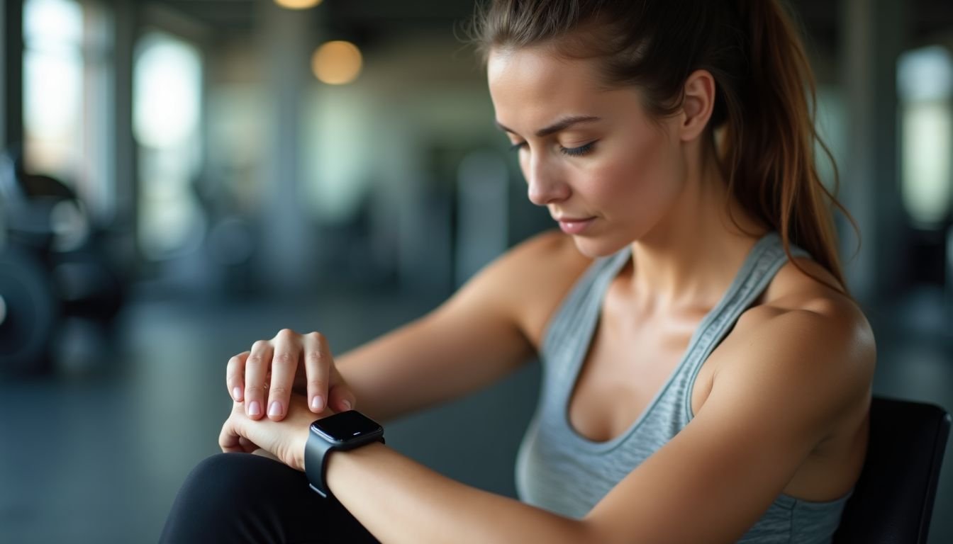 A woman in her 30s adjusting her fitness tracker in a gym.